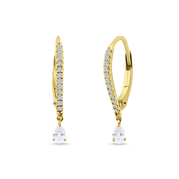 Round & Pear CZ Dangle Hoop Leverback Earrings Yellow Tone 925 Sterling Silver